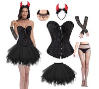 Costume ange et diable,corset gothique et jupe en tulle,costume de diable femme avec auréole,bas en dentelle,colliers et gants en dentelle,costume d'Halloween pour carnaval cosplay party (Noir, XL)