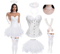 Costume ange et diable,corset gothique et jupe en tulle,costume de diable femme avec auréole,bas en dentelle,colliers et gants en dentelle,costume d'Halloween pour carnaval cosplay party (Blanc, L)