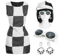 Costume années 60 pour femme - Taille XL - Robe noire et blanche de luxe avec perruque, chapeau, lunettes de soleil et boucles d'oreilles - Déguisement rétro années 60