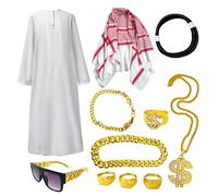 Costume arabe des hommes, ensemble d'accessoires de robe blanc Cheik - Glissez sans effort dans cette tenue arabe ; accessoires de cosplay à col rond pour Halloween, fêtes à thème, carnaval