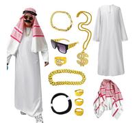 Costume arabe pour homme, Sheik White Robe, kit de robe arabe avec sculpture pour tête - Version ample - Accessoires de déguisement pour carnaval, fêtes à thème et fêtes d'Halloween