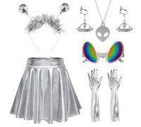 Costume Argenté pour Fille, Déguisement de Princesse avec des Bandeaux, Boucles d'oreilles,Collier et Gants, Déguisement Argenté pour Enfants Filles Fête d'Anniversaire Halloween Carnaval Cosplay