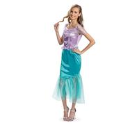 DISGUISE Costume Ariel pour femme, produit sous licence officielle Disney Princess, corsage détaillé avec bordure argentée et manches en maille, jupe queue de poisson, taille 42-44