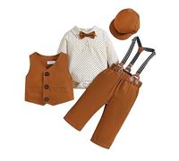 costume bebe garcon mariage bapteme tenue ceremonie gentleman habille vetement bebe garçon naissance 0-24 mois ensemble body manche longue à pois + gilet + pantalon + casquette (Brown, 6-12 mois)