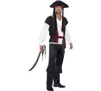 Smiffy's Costume Capitaine Pirate – Noir, haut, pantalon, cravate et chapeau avec cheveux