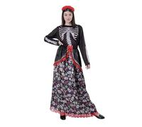 Costume Catrina Squelette Mexicain Femme Adulte Halloween, Bandeau Catrina Fleur, Robe Longue Colorée Imprimé Calaver, Costume Halloween Femme Carnaval (S)