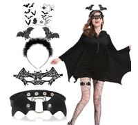 Costume chauve-souris femme,chauve-souris noir,carnaval femme avec masques pour les yeux, colliers,boucles d'oreilles et autocollants pour le visage,vampire adulte carnaval halloween cosplay (B)
