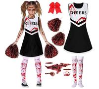 Costume Cheerleader Zombie DéGuisement Effrayant De Pom Pom Girl Costume De Pom-Pom Girl Zombie Avec Pompons Pompom Chaussettes Barrette Halloween Femme D'High School Musical Carnaval，Black-150cm