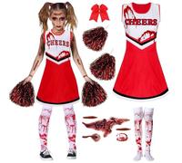 Costume Cheerleader Zombie DéGuisement Effrayant De Pom Pom Girl Costume De Pom-Pom Girl Zombie Avec Pompons Pompom Chaussettes Barrette Halloween Femme D'High School Musical Carnaval，Red-130cm