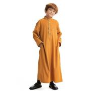 Costume Cheikh Arabe Enfant - Thobe Arabe Thobe Musulman Kaftan Longues Robe Ras du Cou Costume National Ensemble De Robe Brodée Longues pour Adolescents Garçons Robe Arabe (Gold, 9-10 Years)