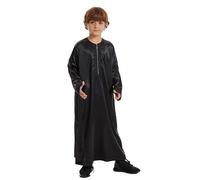Costume Cheikh Arabe Enfant - Thobe Arabe Thobe Musulman Kaftan Longues Robe Ras du Cou Costume National Ensemble De Robe Brodée Longues pour Adolescents Garçons Robe Arabe (Black, 7-8 Years)