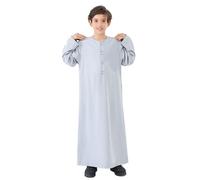 Costume Cheikh Arabe Enfant - Thobe Arabe Thobe Musulman Kaftan Longues Robe Ras du Cou Costume National Ensemble De Robe Brodée Longues pour Adolescents Garçons Robe Arabe (Light Gray, 9-10 Years)