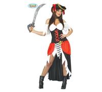 Costume corsaire femme - Pirate - Noir - Faux corset rouge - Jupe déchirée - Tête de mort dorée L