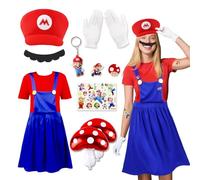 Costume Cosplay Femme - Super Brothers Jupe Déguisement avec Casquette, Moustache, Ballons, Tatouages, Broches, Robe Cos, Jupe pour Fille Cosplay Pour Jeu Vidéo Fêtes pour Halloween, Noël, Carnaval XL