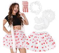 Costume Cupidon Tutu Femme Blanche, Jupe Tulle Ensemble 5Pcs Carnaval avec Jupe Tutu Bandeau D'ange Blanc Plumes écharpe Plumes Autocollants Forme Cœur Rouge Fête Saint Valentin Carnaval Accessoires