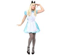 Costume curieuse pour femme - Taille XL - Robe pinafore bleue et blanche, bandeau noir, collants rayés noirs et blancs - Déguisement pour adulte