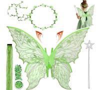 Costume d'ailes de fée, ailes de papillon avec oreilles d'elfe, bandeau de fée et baguettes de fée étoiles, paillettes, cheveux, ailes de papillon, ailes de princesse, costume d'ailes pour carnaval ou