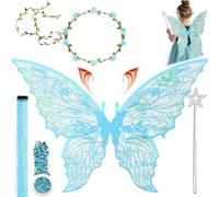 Costume d'ailes de fée, ailes de papillon avec oreilles d'elfe, bandeau de fée et baguettes de fée étoiles, paillettes, cheveux, ailes de papillon, ailes de princesse, costume d'ailes pour carnaval ou