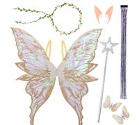 Costume d'ailes de fée et de papillon avec oreilles d'elfe, couronne de fleurs, baguette de fée, pour femmes et enfants, pour anniversaire, Noël, carnaval, cosplay, fête (Or)