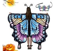 Costume d'ailes de papillon, châle d'ailes de papillon, costume d'Halloween, ailes de papillon élégantes, châle coloré avec masque et bandeau d'antenne pour rôle