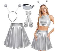 Costume d'Alien Accessoires,Jupe métallique brillante,Bandeau d'aliens,Lunettes d'aliens,Gants métallisés,Costume Alien pour femme,Déguisement Enfant pour Fête d'Anniversaire Halloween Cosplay (L)