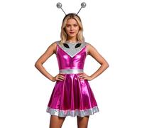 Costume d'alien pour femme - Robe d'extraterrestre métallique - Robe de fille spatiale - Costume de carnaval - Costume de carnaval - Robe de danse scintillante - Robe de soirée disco - Clubwear