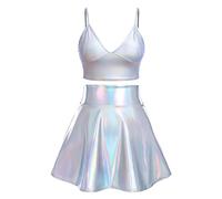 Costume d'Alien Raver pour femme - Tenue d'Halloween - Costume de fille spatiale - Brillant métallique - Effet mouillé - Taille haute - Mini jupe - Ensemble de carnaval, cosplay, fête, déguisement de