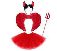 Costume d'Ange et de Diable pour Enfant Fille - Jupe Tutu en Tulle, Ailes d'Ange, Bandeau Halo - Tenue de Fée, Halloween, Noël, Carnaval, Cosplay - Démon Rouge 4 Pièces, 2-12 Ans