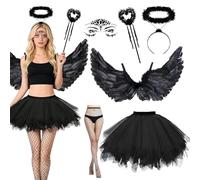 Costume d'ange noir pour femme, 6 pièces, ailes d'ange noires, costume de diable avec ailes d'ange de 80 cm, jupe tutu, auréole, bâton de diable, collants résille, pour carnaval, Halloween, cosplay