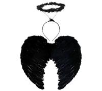 Costume d'Ange Noir pour Femme - Ailes en Plumes et Halo Marabout - Ensemble d'Accessoires de Déguisement pour Adultes