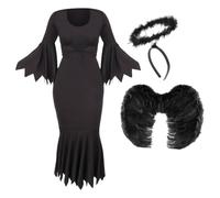 Costume d'ange noir pour femme - XXL - Robe noire, bandeau halo noir et ailes en plumes - Parfait pour Halloween et autres déguisements