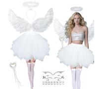 Costume d'ange pour femme - Ailes d'ange - 80 cm - Blanc - Costume d'ange pour femme adulte - Avec auréole - Ailes d'ange - Jupe - Chaussettes hautes - Costume d'ange pour carnaval, Halloween