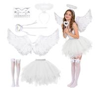 Costume d'ange pour femme - Lot de 6 ailes d'ange blanches - Costume d'ange avec ailes d'ange de 80 cm - Jupe tutu - Auréole - Bâton d'ange - Bas - Pour carnaval, Halloween, cosplay, carnaval