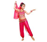 Costume Danse Indienne Enfant - Tenue BolIywood Fille - Ensemble Belly Dance avec Haut, Pantalon, Ceinture, Voile et Bracelets - Déguisement Spectacle, Fête, CarnavaI, Danse Orientale