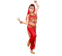 Costume Danse Indienne Enfant - Tenue Fille - Ensemble Belly Dance avec Haut, Pantalon, Ceinture, Voile et Bracelets - Déguisement Spectacle, Fête, Danse Orientale Ensembles (Red, 11-12 Years)