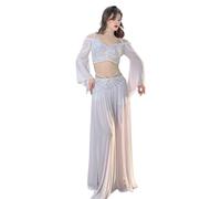 Costume Danse Orientale Costume de danse du ventre en maille pailletée for femmes, haut à manches longues + jupe longue en gaze, ensemble d'entraînement 2 pièces, tenue de scène de danse du ventre(Whi