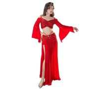 Costume Danse Orientale Costume de danse du ventre en maille pailletée for femmes, haut à manches longues + jupe longue en gaze, ensemble d'entraînement 2 pièces, tenue de scène de danse du ventre(Red