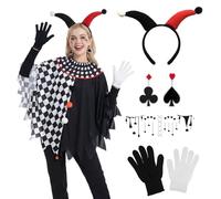 Costume d'Arlequin pour Femme, Cape d'Arlequin Noire et Blanche, Serre-tête, Gants, Accessoires de Clown, Costume de Cirque pour Femme pour Le Carnaval, Halloween, Mardi Gras et Soirées à Thème