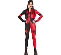 Costume d'Arlequin Vilain Rouge Noir Jumpsuit Femme Sinistre Fête de Carnaval Tenue de Mardi Gras, Taille : 14 - 16 ans Couleur : Rouge
