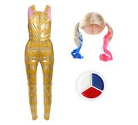 Costume d'assistante de clown pour femme - Taille S - Haut court rose, salopette dorée, perruque blonde et peinture pour le visage - Déguisement d'Halloween inspiré par Harley Quinn