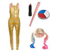 Costume d'assistante de clown pour femme - Taille XL - Haut rose, salopette jaune, perruque blonde, peinture rouge, blanche et bleue, rouge à lèvres rouge et batte de baseball gonflable - Parfait pour