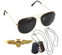 Costume d'aviateur 3 pièces pour adultes - Kit d'accessoires de déguisement de pilote avec lunettes de soleil aviateur, badge ailes dorées et plaques d'identification de chien de style militaire pour