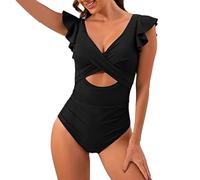 Costume de Bain 1 pièce pour Femme Taille Haute, Encolure en V avec Volants, Maillot de Bain Effet Ventre Plat avec Fronces, modèle avec Coques Amovibles, Nouveau 2026