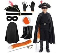 Costume de bandit chat 9 pièces pour enfants - Comprend une cape noire, un masque, un chapeau, une queue, une épée, des gants, une peinture pour le visage et une ceinture de 66 cm - Tenue de héros