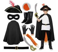 Costume de bandit chat 9 pièces pour enfants - Comprend une cape noire, un masque, un chapeau, une queue, des gants, une peinture pour le visage et une ceinture - Tenue de héros félin pour la journée