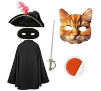 Costume de bandit de chat pour enfants - Cape noire, chapeau tricorn, masque de chat, masque pour les yeux, fausse épée, peinture visage orange et blanc - Déguisement de film TV pour enfants garçons