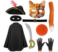 Costume de bandit de chat pour enfants - Cape noire, chapeau tricorn, masque de chat, masque pour les yeux, épée gonflable, queue de chat, gants noirs, ceinture, orange - Déguisement de film TV pour