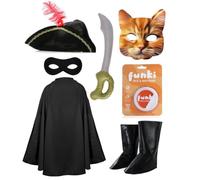 Costume de bandit de chat pour enfants - Tenue d'aventurier félin comprenant une cape noire, un chapeau à plumes, un masque facial, des couvre-bottes et une épée gonflable - Journée du livre