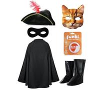 Costume de bandit de chat Swashbuckling pour enfants - Kit de déguisement 6 pièces pour la journée du livre avec cape, chapeau, masque, bottes et peinture pour visage orange - Parfait pour la journée