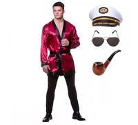 Costume de Batchelor Hollywood + chapeau de capitaine + lunettes d'aviateur + pipe : costume pour adulte adulte Playboy Smoking Jacket Robe (grande taille)